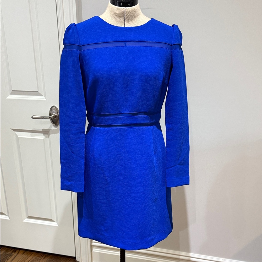 REISS Cobalt Blue "Gigi" Mini Dress, Mesh Paneling, Long Sleeve, Size US 8